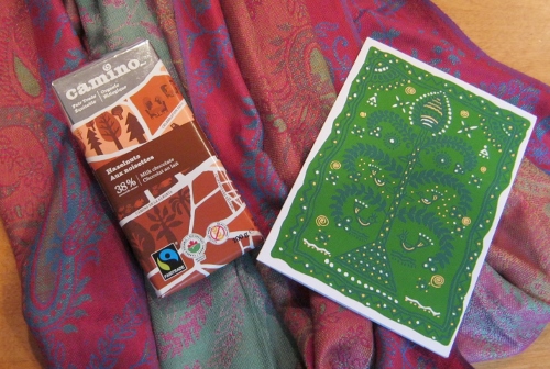 Stole, chocolate, and card, all fair trade gifts from Ten Thousand Villages